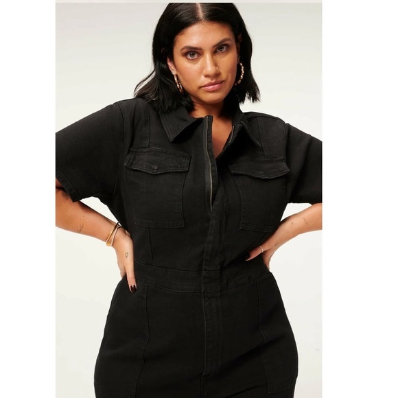 NEW Good American The Fit For Success Black Stretch Denim Zip Front Jumpsuit - Picture 3 of 10